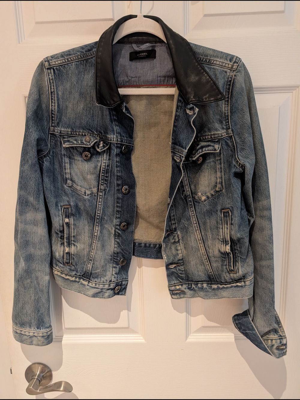Diesel Denim Jacket with Black Leather Collar - Light Blue Wash